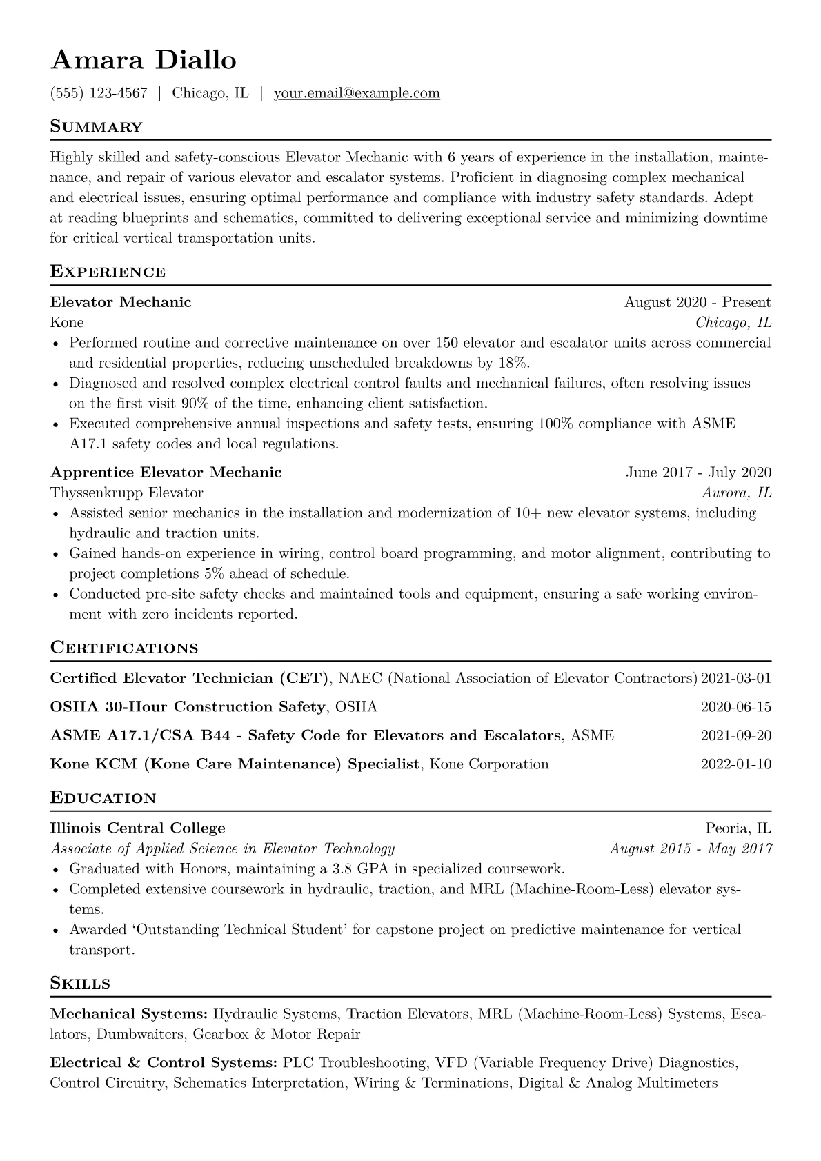 Elevator Mechanic Resume Example CV template - Page 1