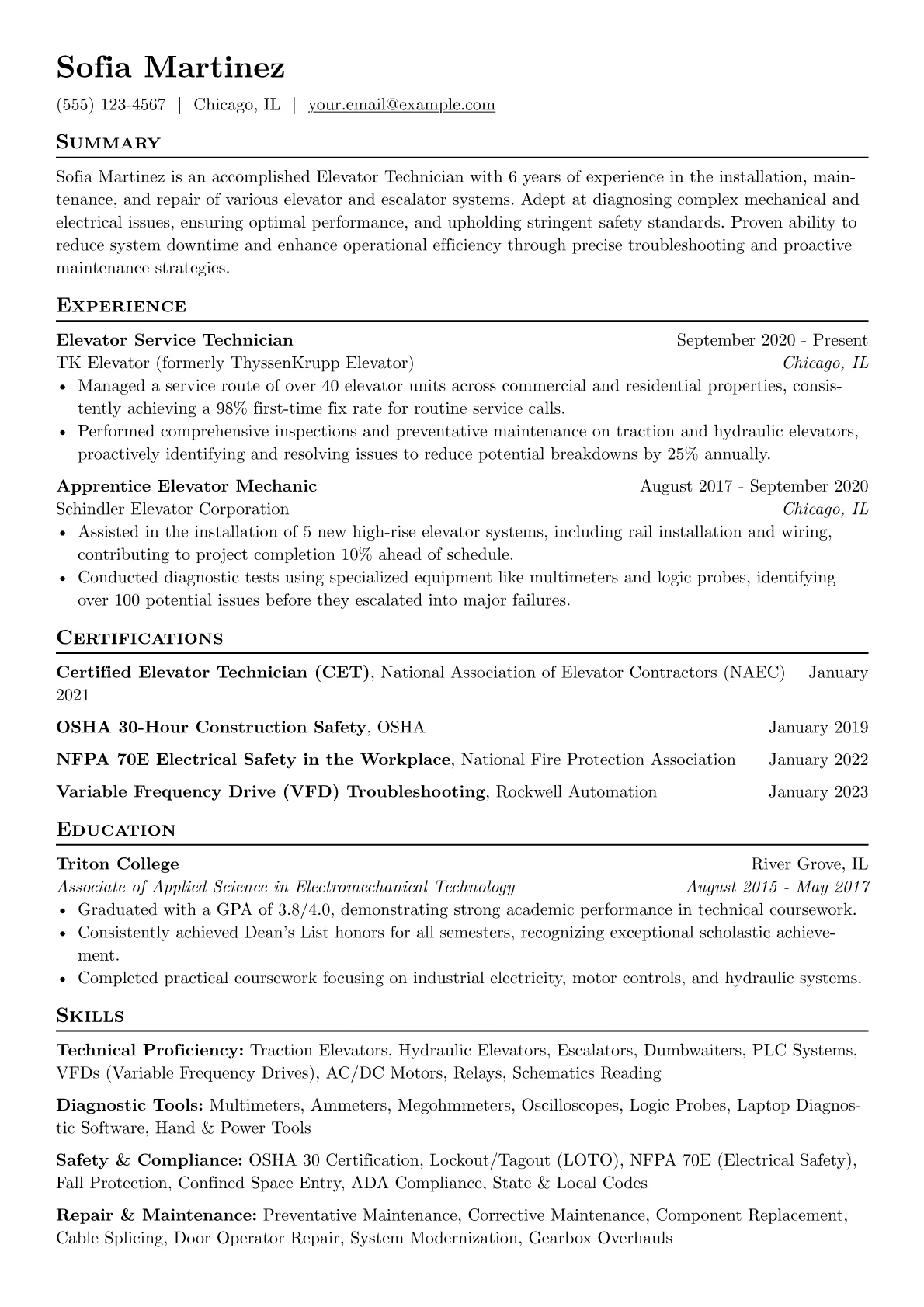 Elevator Technician Resume Example CV template - Page 1