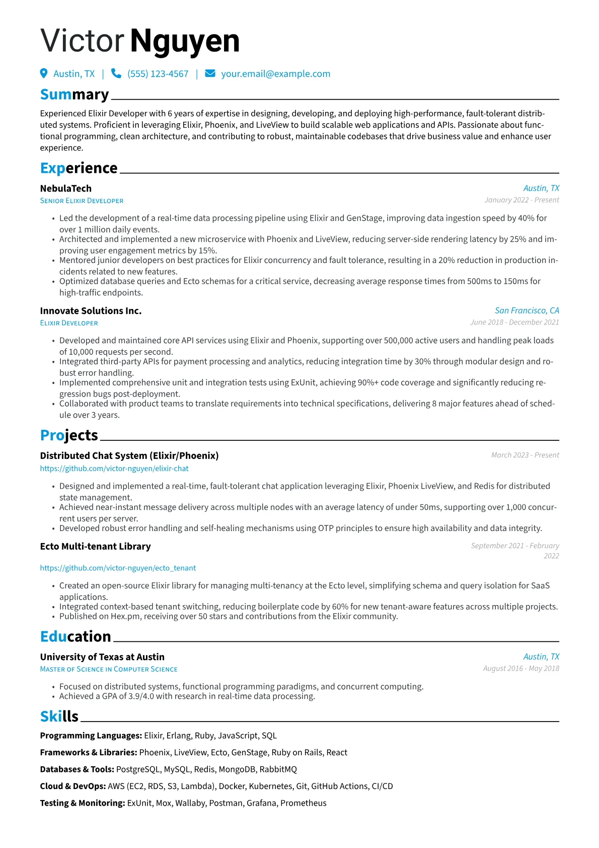 Elixir Developer Resume Example CV template - Page 1