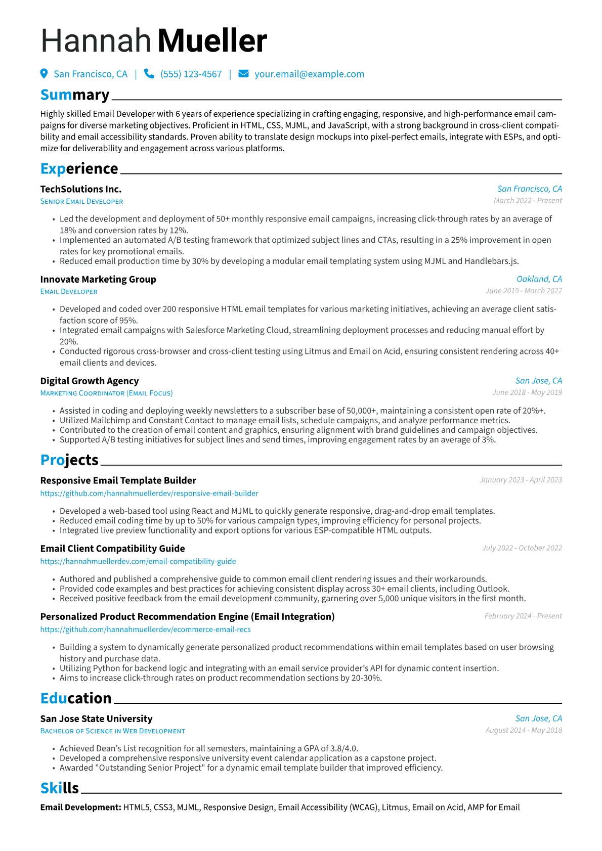 Email Developer Resume Example CV template - Page 1