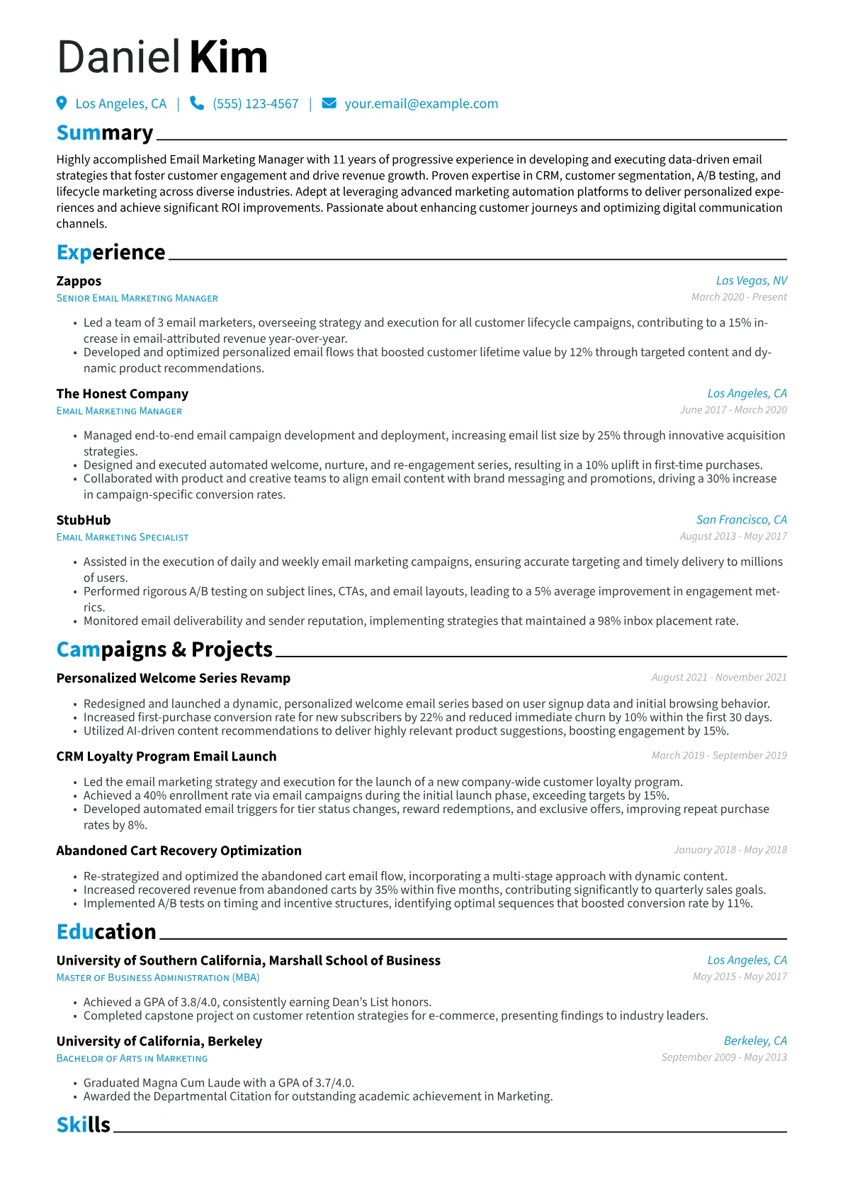 Email Marketing Manager Resume Example CV template - Page 1