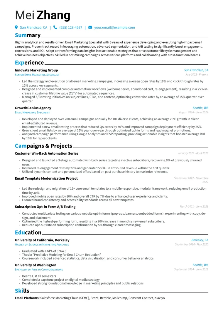Email Marketing Specialist Resume Example CV template preview