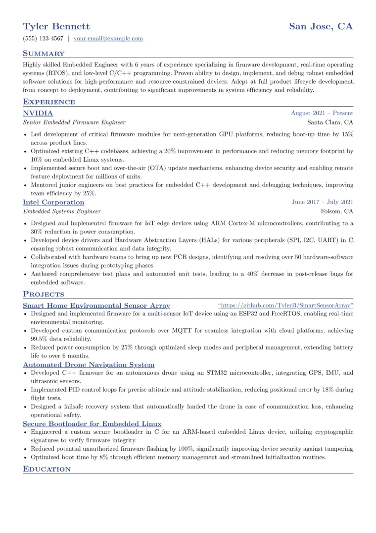 Embedded Engineer Resume Example CV template preview