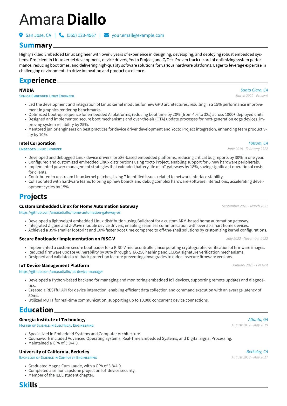 Embedded Linux Engineer Resume Example CV template - Page 1