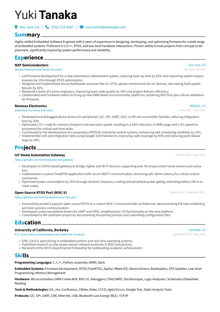 Embedded Software Engineer Resume Example CV template preview