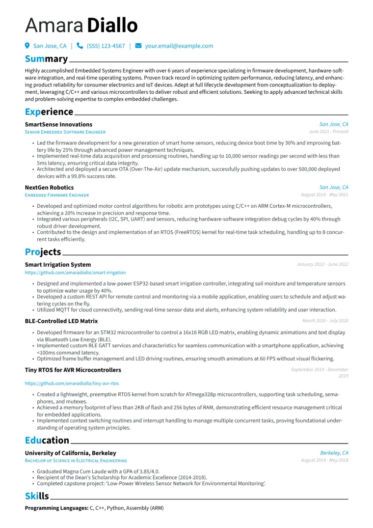 Embedded Systems Engineer Resume Example CV template preview