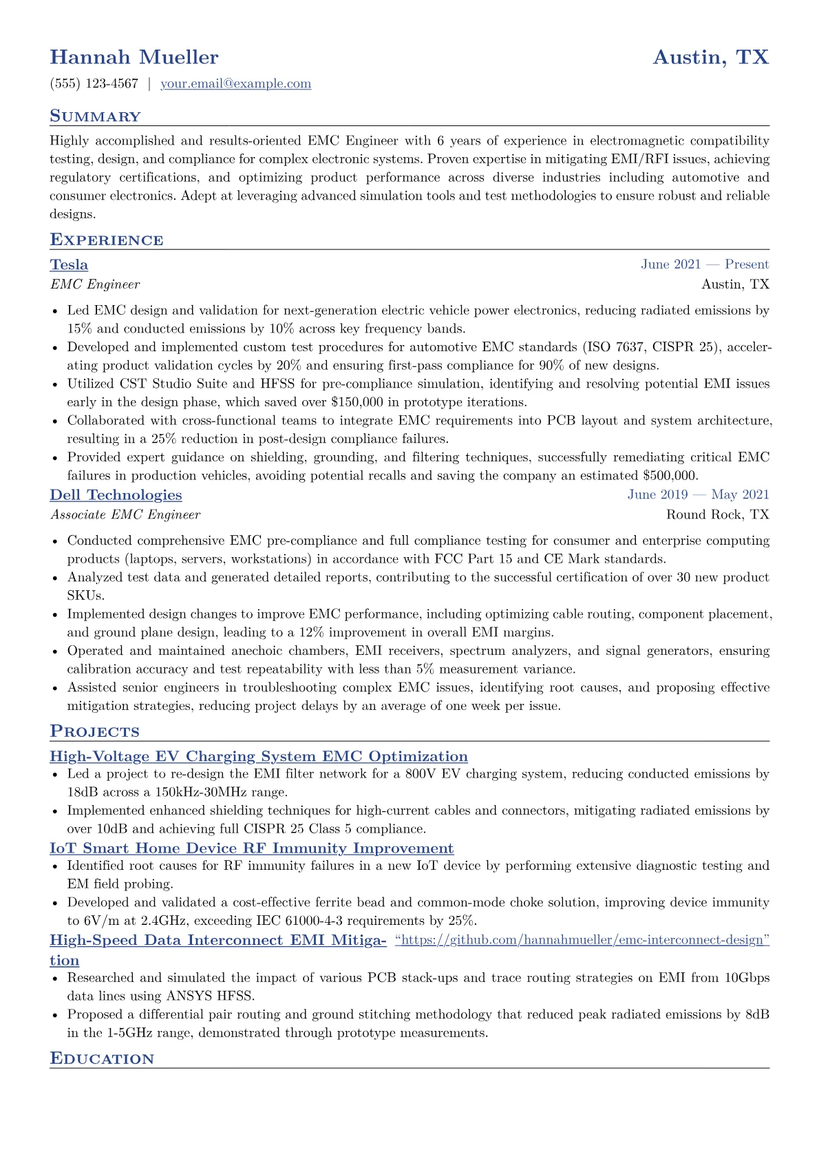 EMC Engineer Resume Example CV template - Page 1