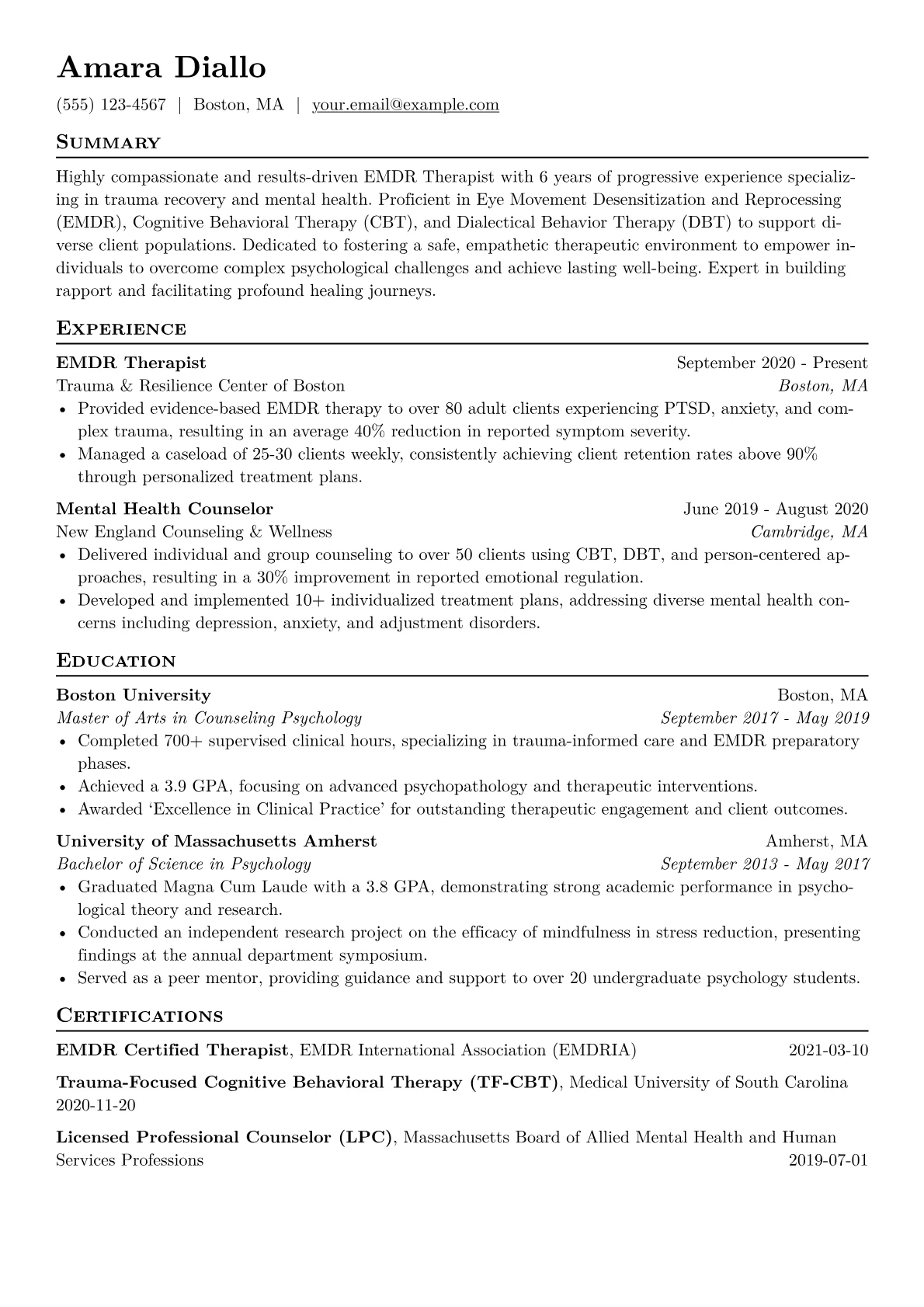 EMDR Therapist Resume Example CV template - Page 1