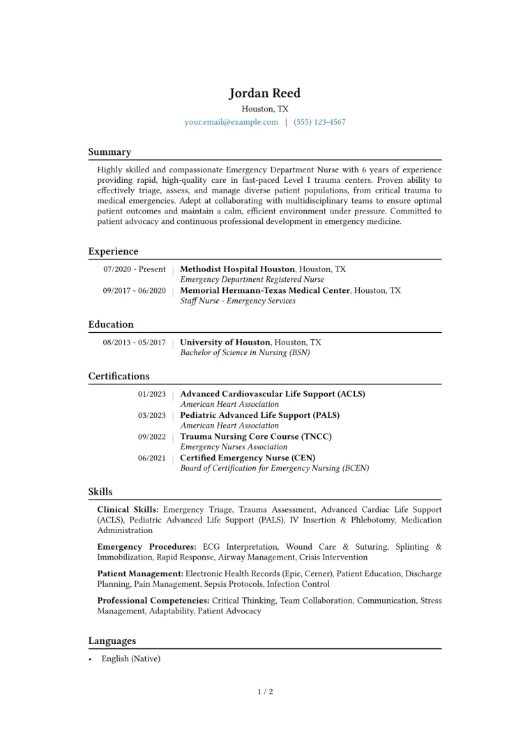 Emergency Department Nurse Resume Example