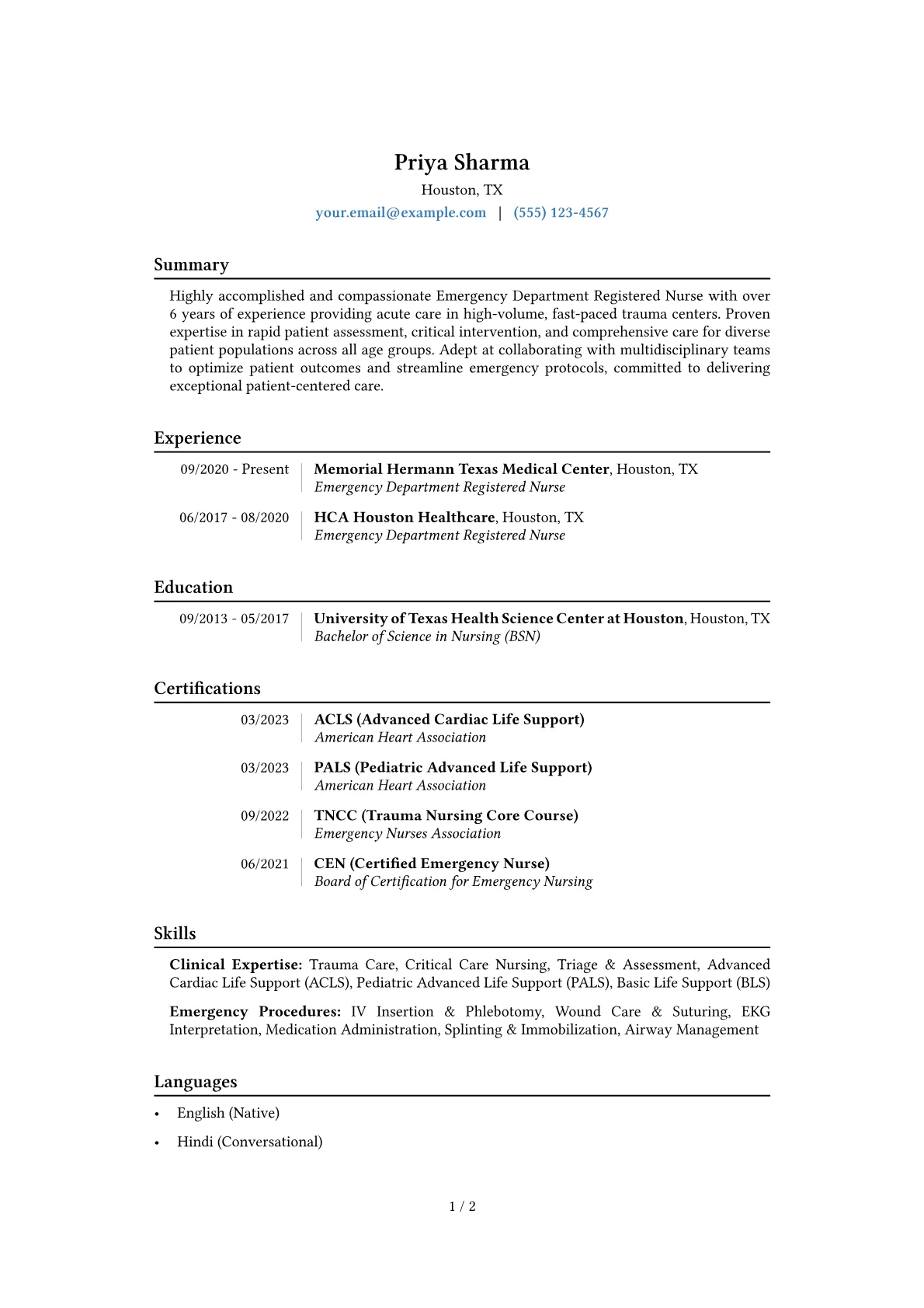Emergency Department Registered Nurse Resume Example CV template - Page 1