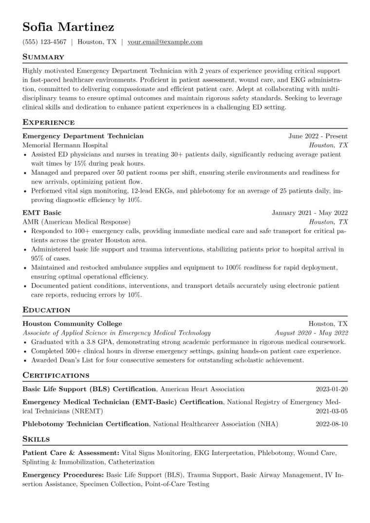 Emergency Department Technician Resume Example CV template preview