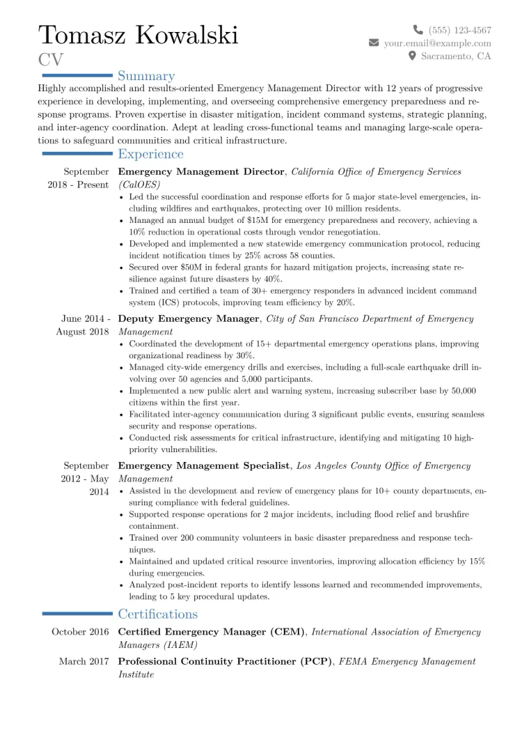Emergency Management Director Resume Example CV template preview