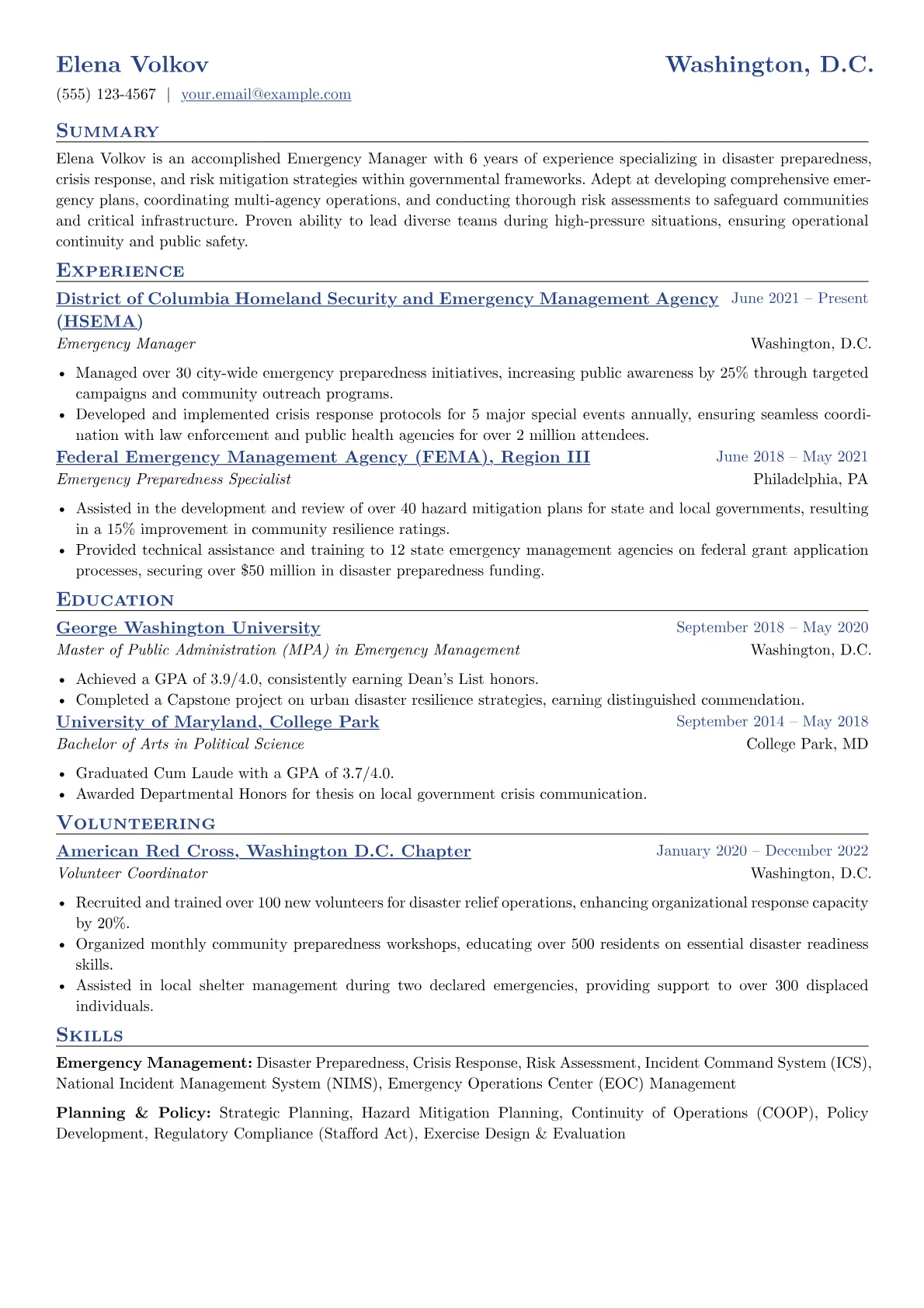 Emergency Manager Resume Example CV template - Page 1