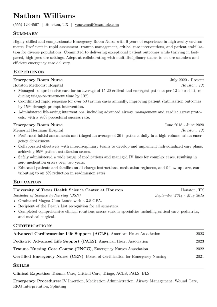 Emergency Room Nurse Resume Example CV template preview