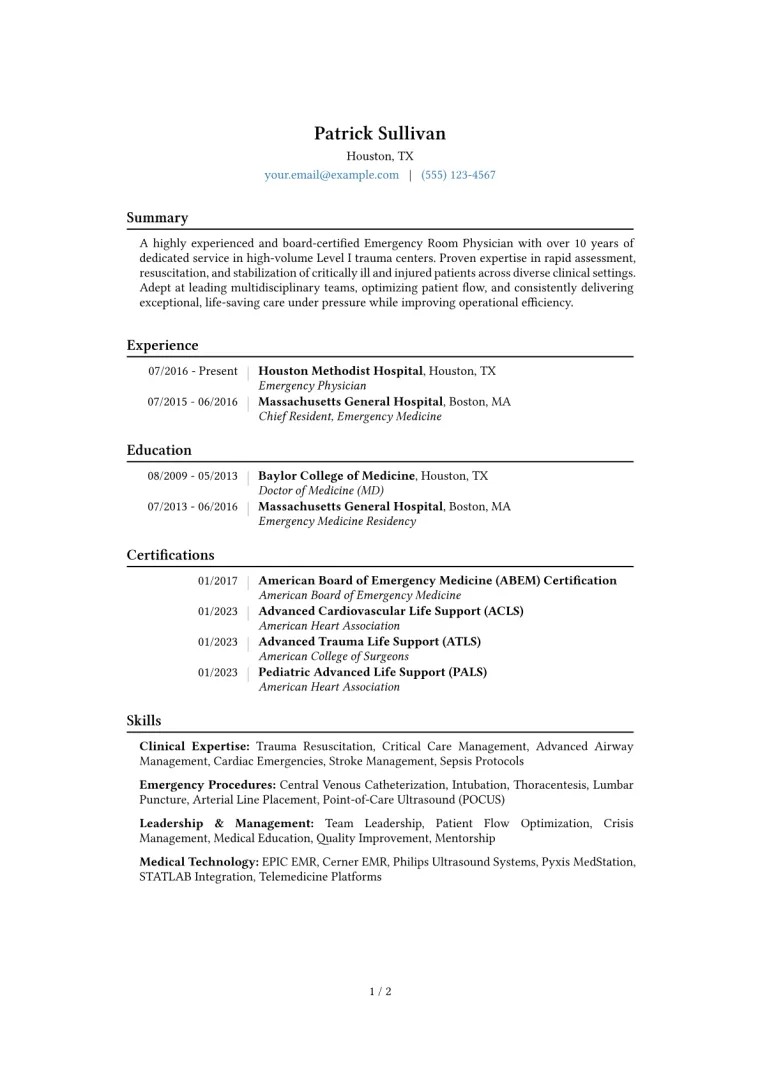 Emergency Room Physician Resume Example CV template preview