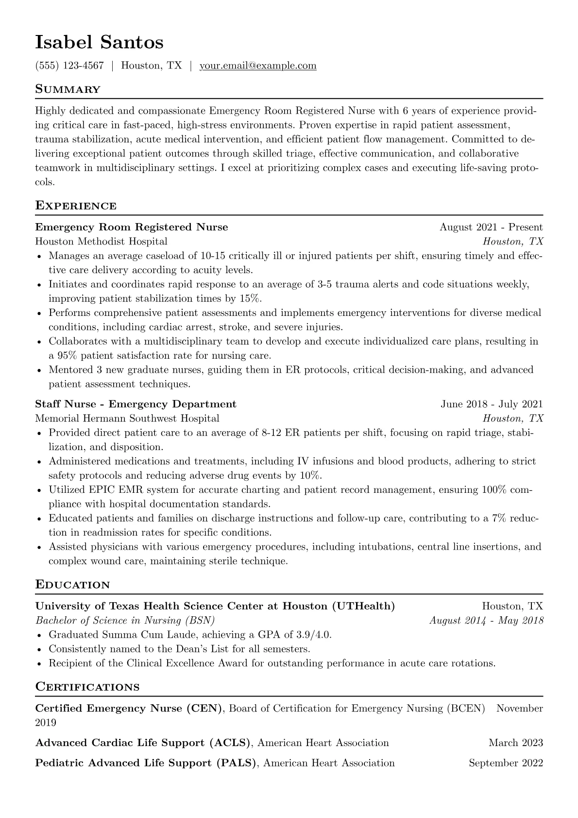 Emergency Room Registered Nurse Resume Example CV template - Page 1