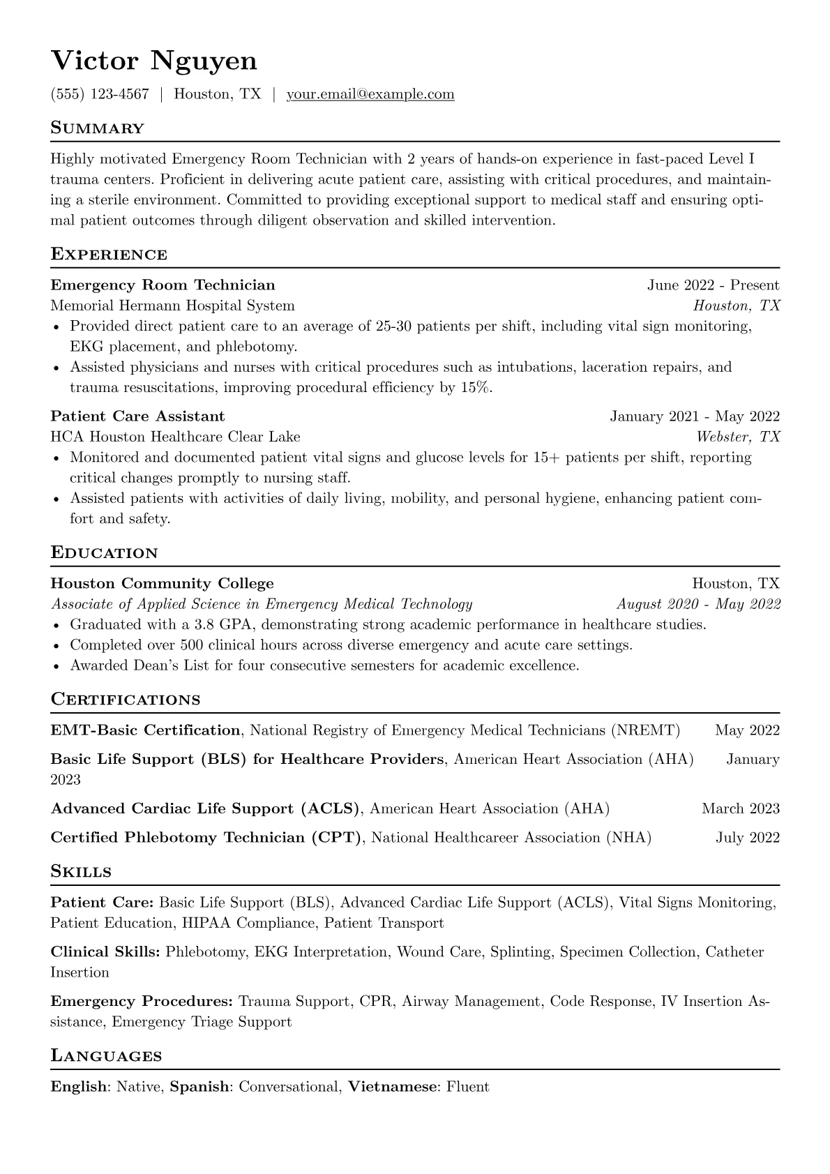 Emergency Room Technician Resume Example CV template - Page 1
