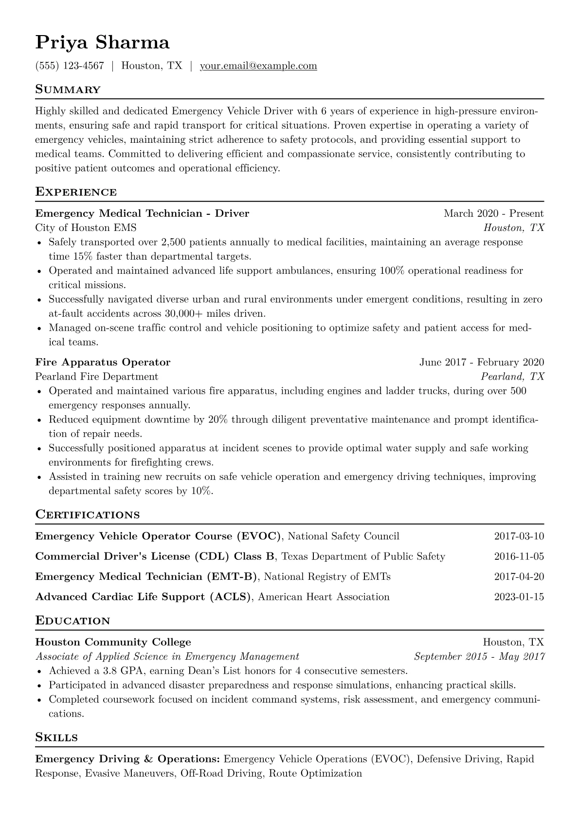 Emergency Vehicle Driver Resume Example CV template - Page 1