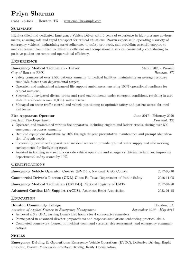 Emergency Vehicle Driver Resume Example CV template preview