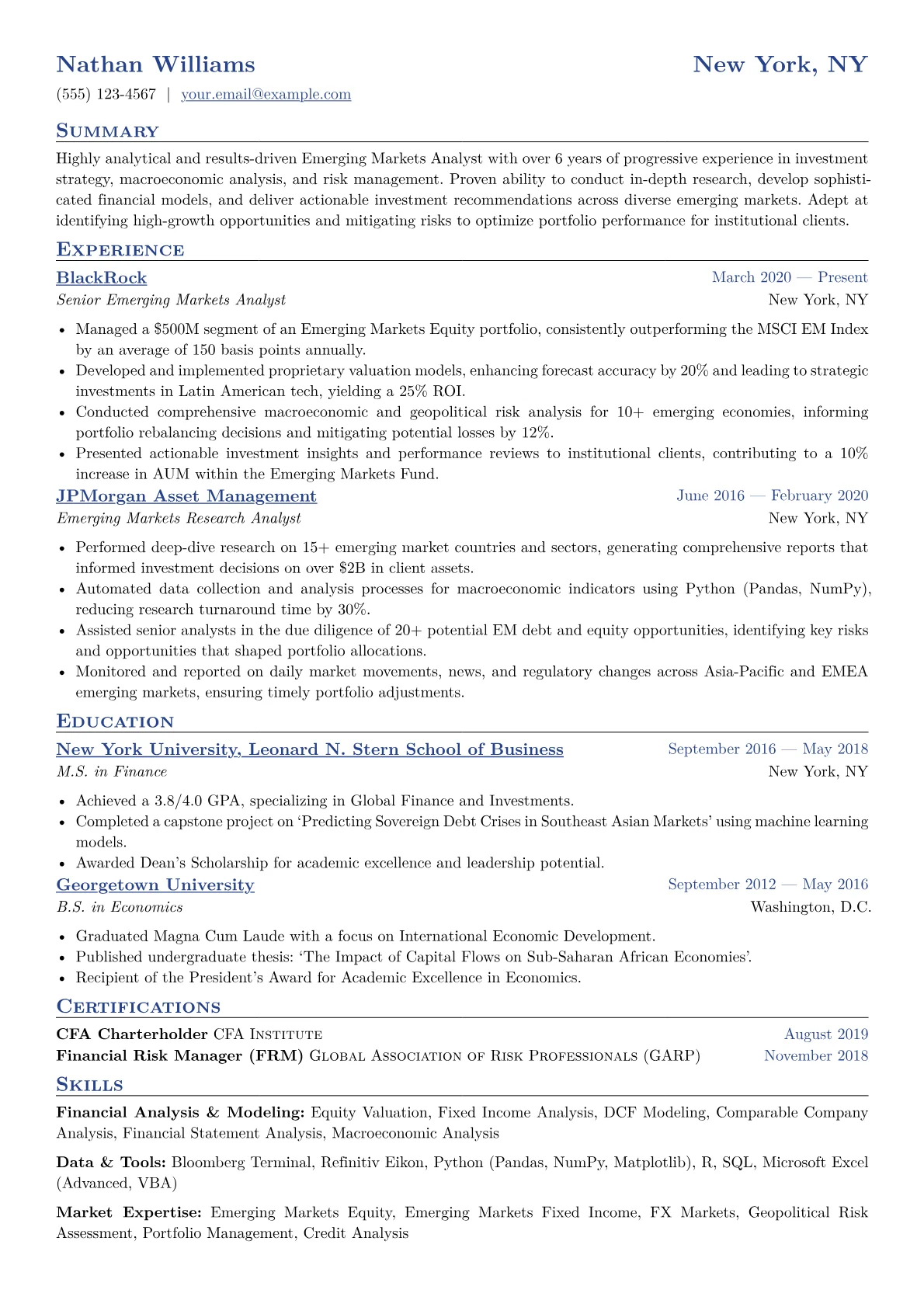Emerging Markets Analyst Resume Example CV template - Page 1