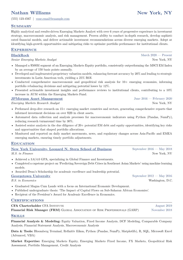 Emerging Markets Analyst Resume Example CV template preview
