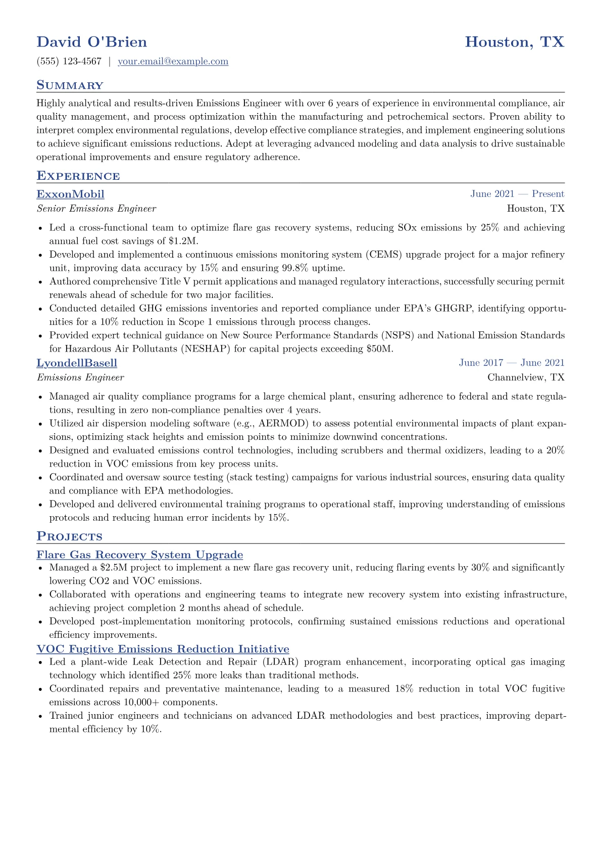 Emissions Engineer Resume Example CV template - Page 1