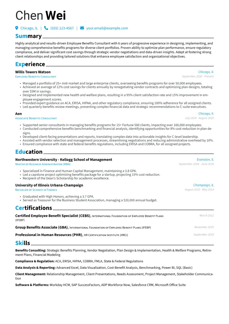 Employee Benefits Consultant Resume Example CV template preview