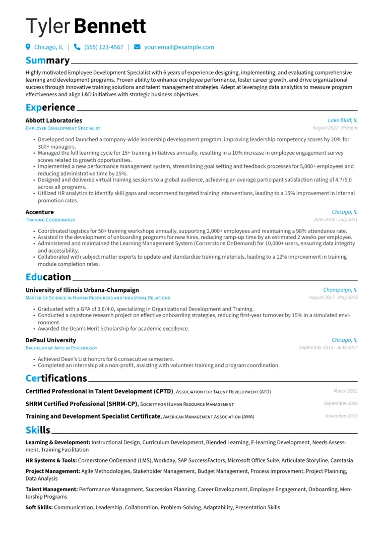 Employee Development Specialist Resume Example CV template preview