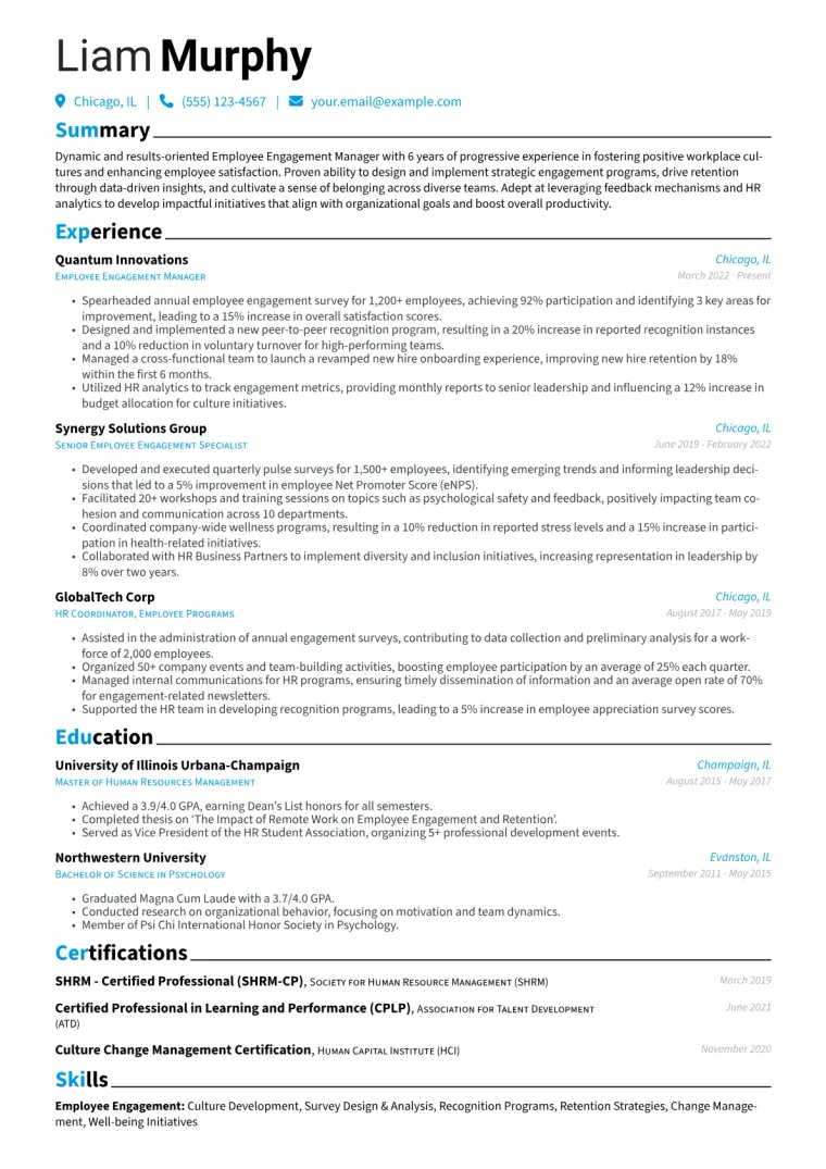 Employee Engagement Manager Resume Example CV template preview