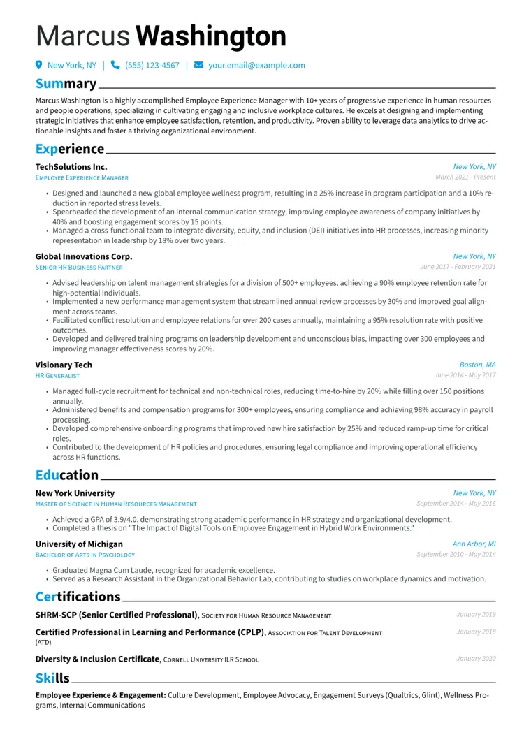 Employee Experience Manager Resume Example CV template preview
