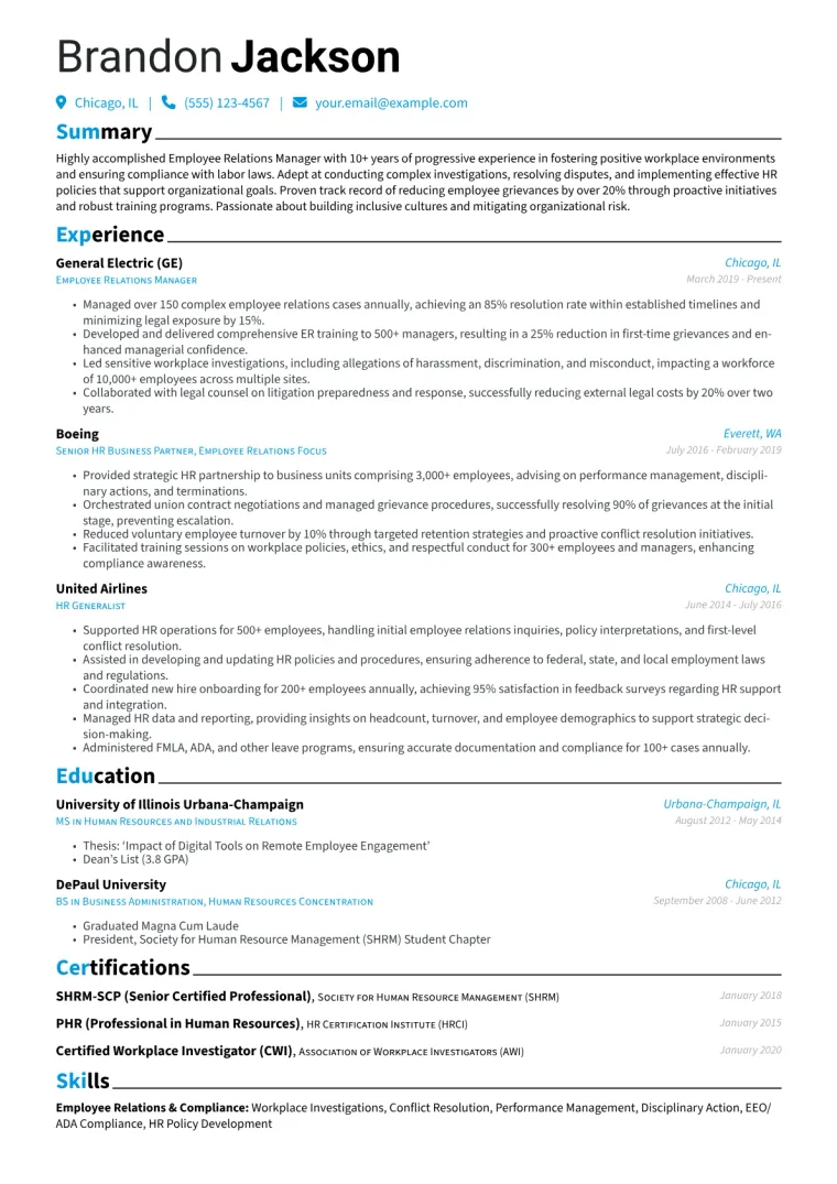 Employee Relations Manager Resume Example CV template preview