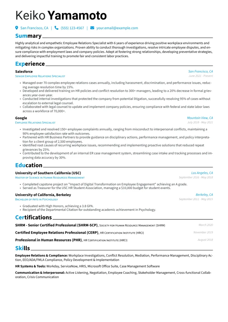 Employee Relations Specialist Resume Example CV template preview