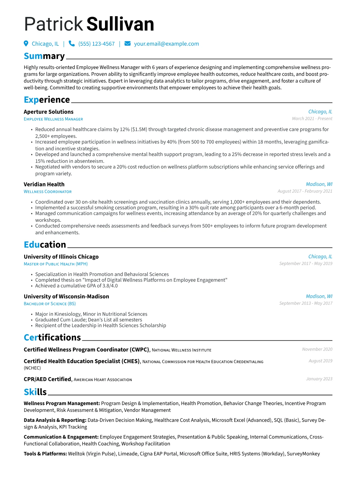 Employee Wellness Manager Resume Example CV template - Page 1