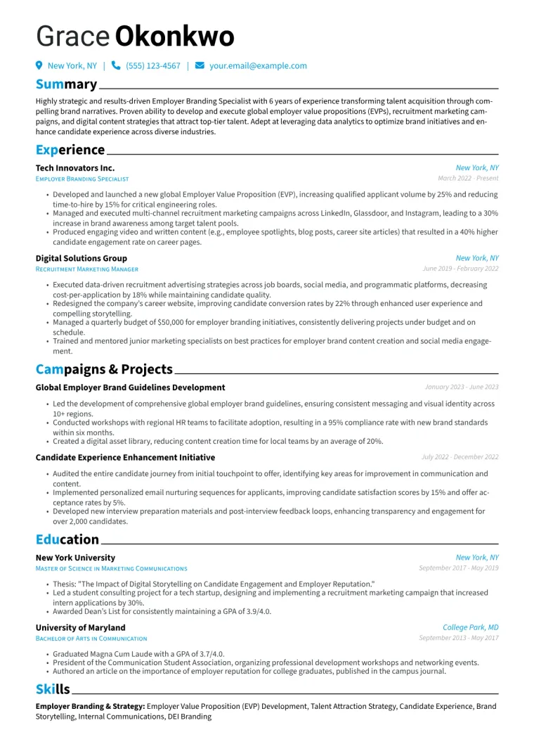 Employer Branding Specialist Resume Example CV template preview