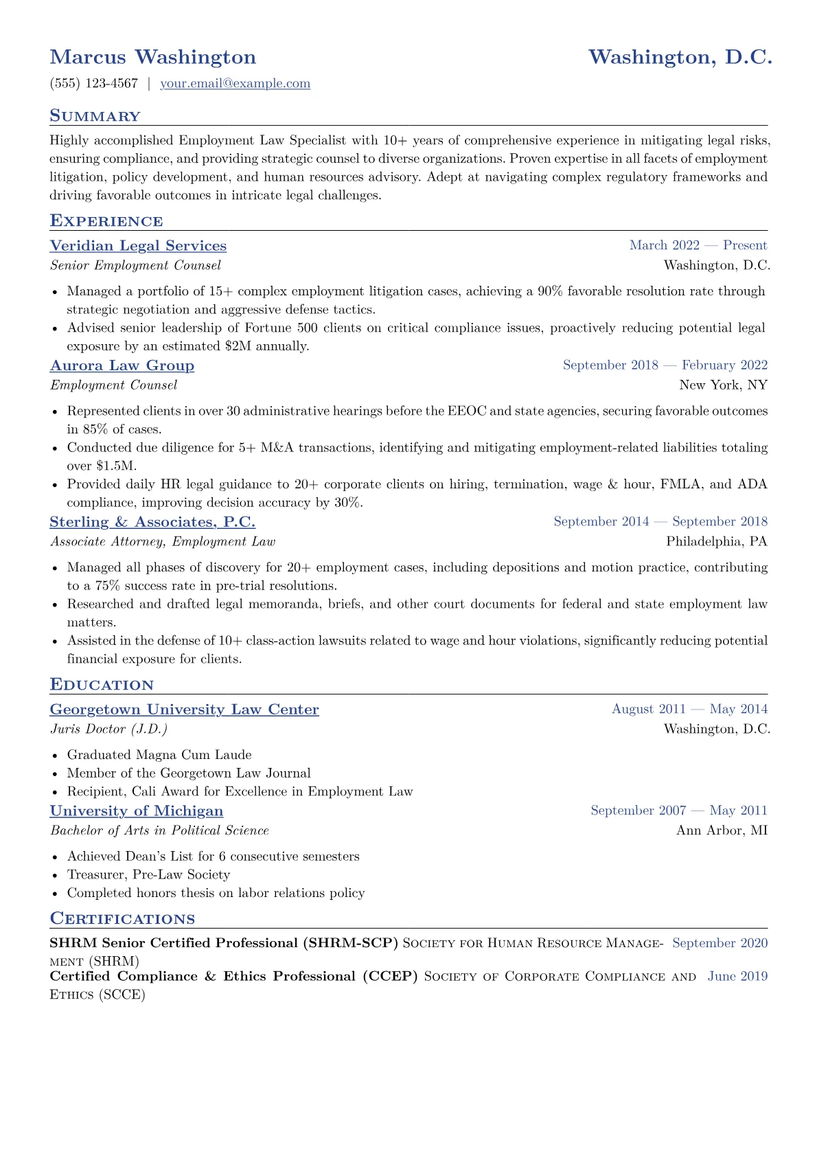 Employment Law Specialist Resume Example CV template - Page 1