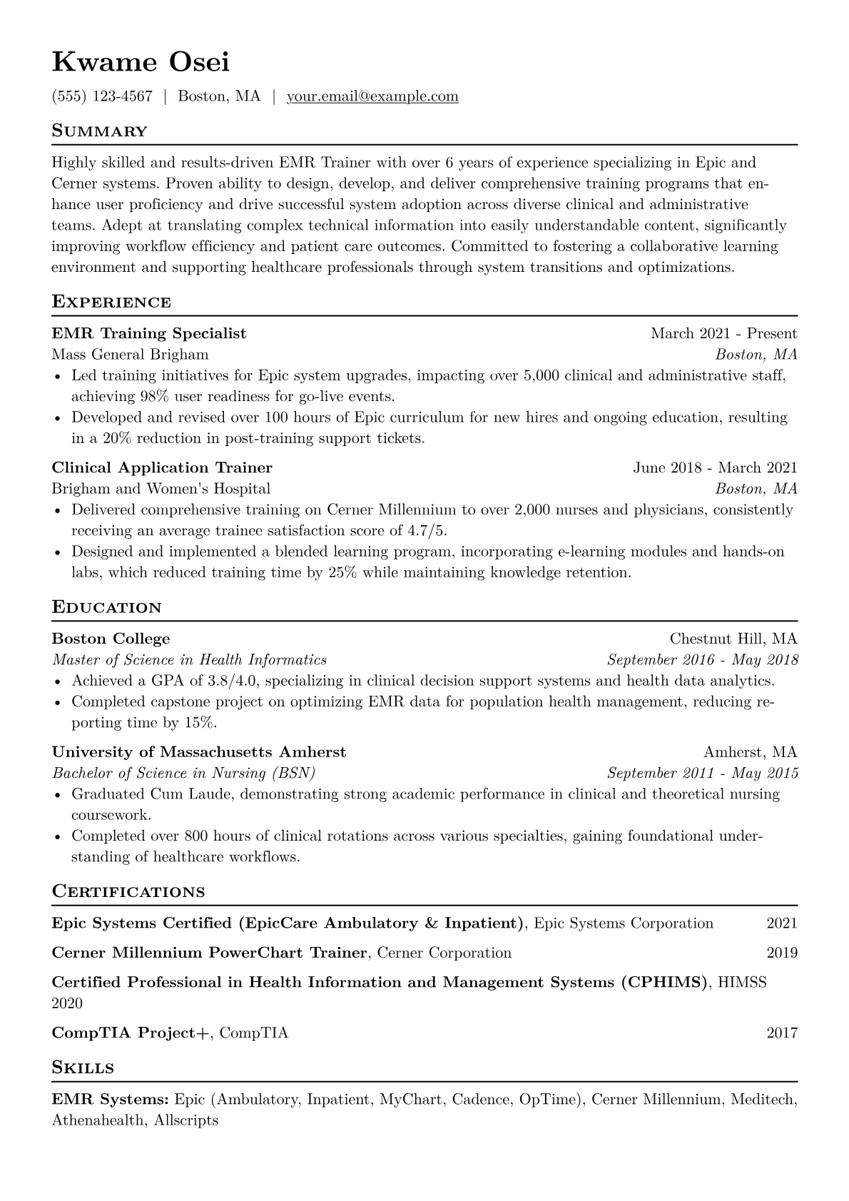 EMR Trainer Resume Example CV template - Page 1