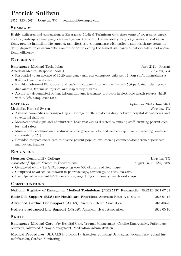EMT Resume Example