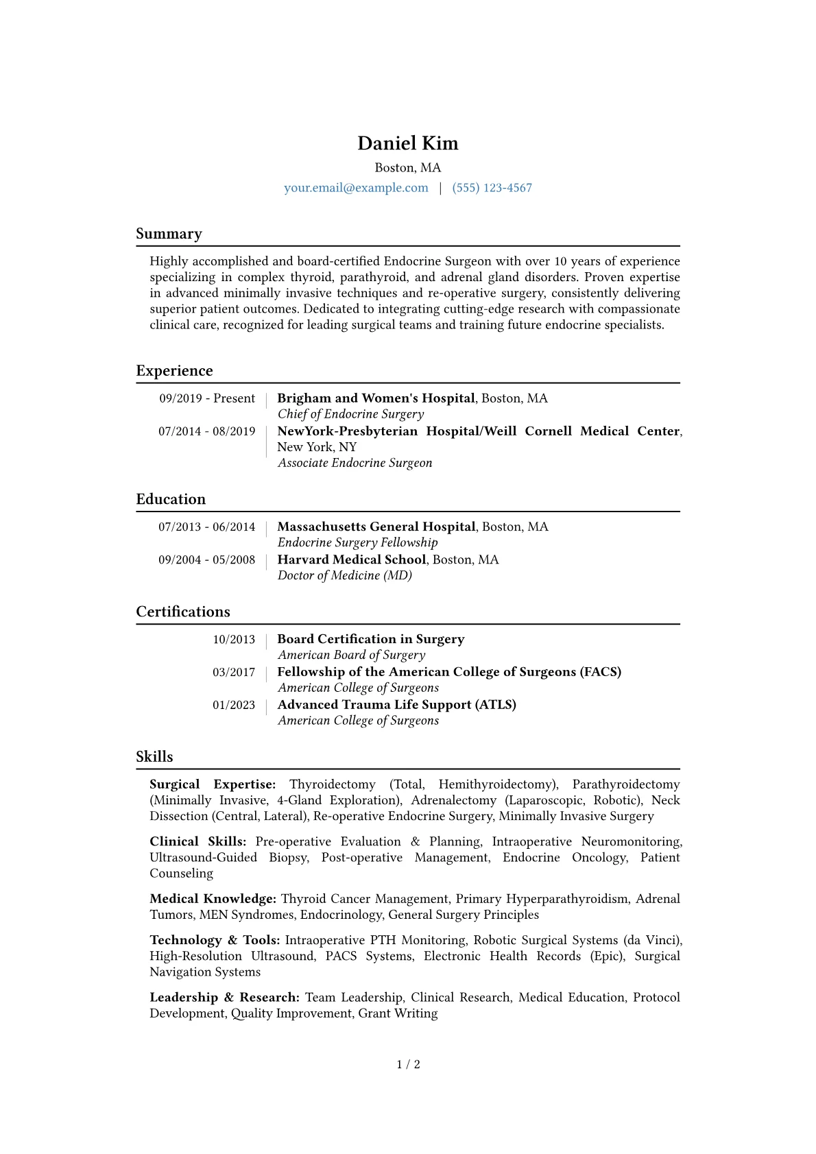 Endocrine Surgeon Resume Example CV template - Page 1