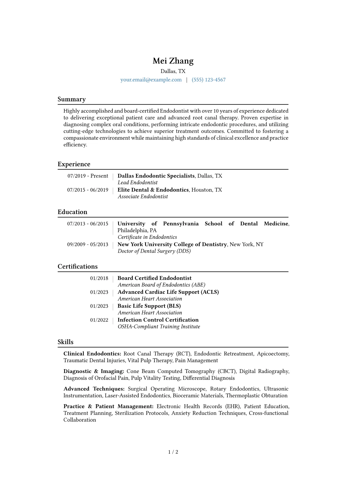 Endodontist Resume Example CV template - Page 1
