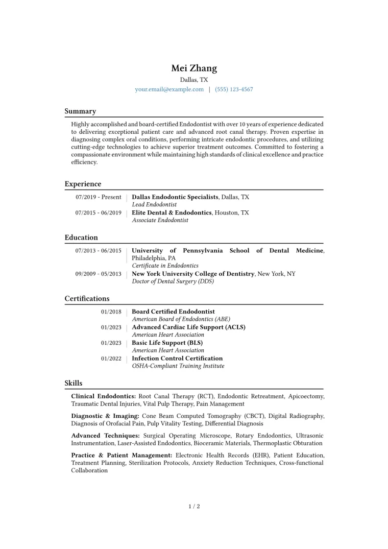 Endodontist Resume Example CV template preview