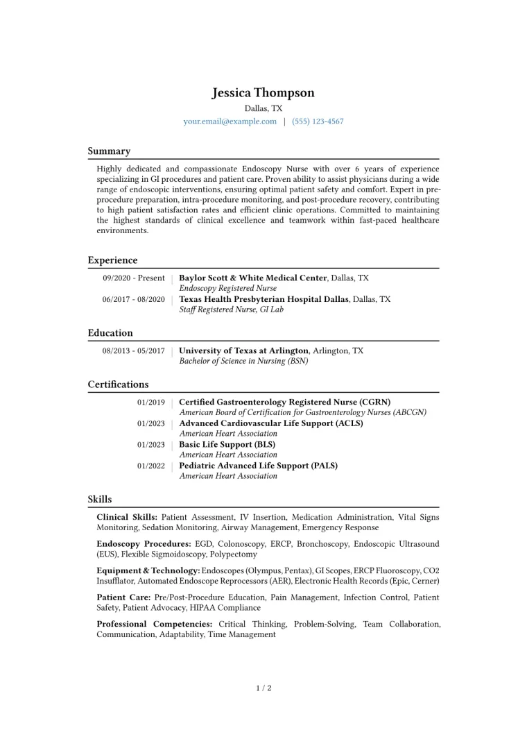 Endoscopy Nurse Resume Example CV template preview