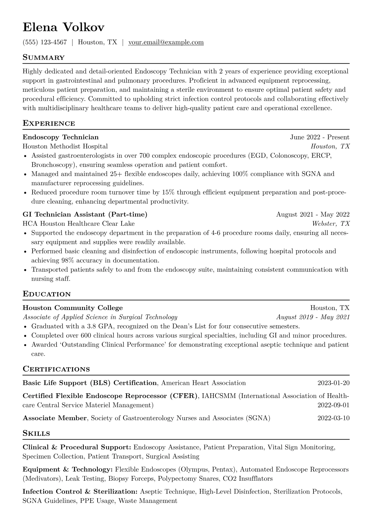 Endoscopy Technician Resume Example CV template - Page 1