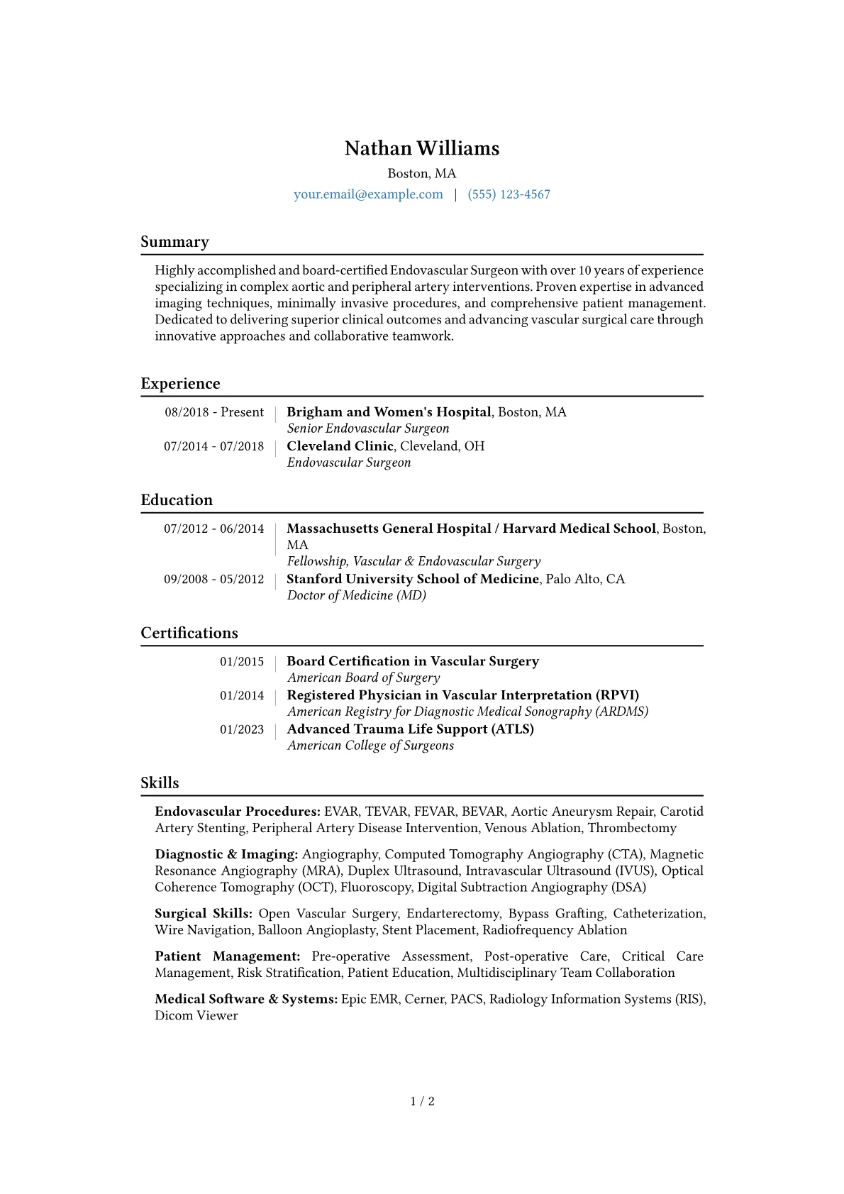 Endovascular Surgeon Resume Example CV template - Page 1