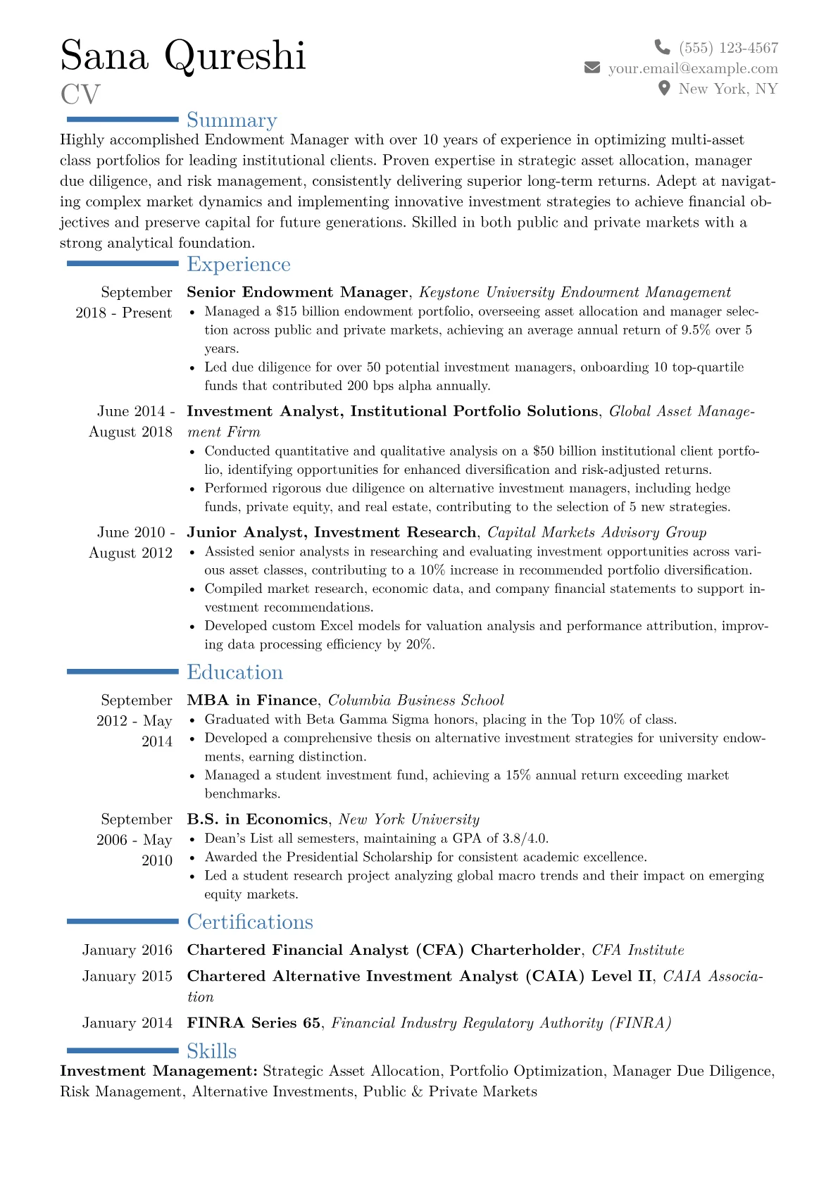 Endowment Manager Resume Example CV template - Page 1