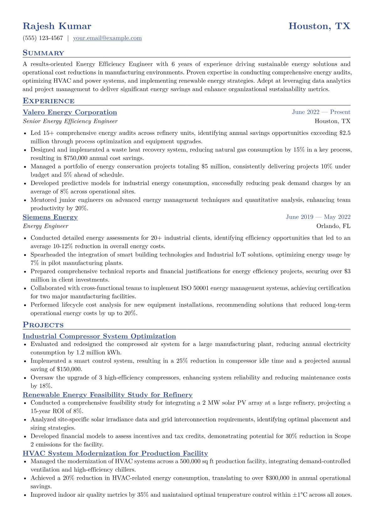 Energy Efficiency Engineer Resume Example CV template - Page 1