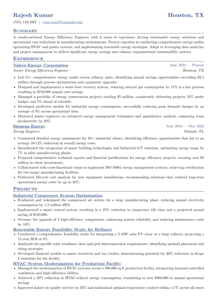 Energy Efficiency Engineer Resume Example CV template preview