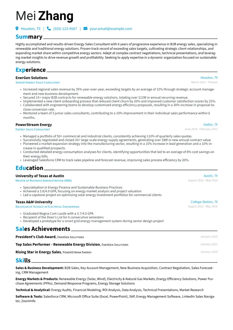 Energy Sales Consultant Resume Example CV template preview