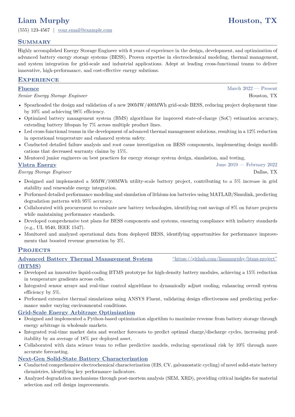 Energy Storage Engineer Resume Example CV template - Page 1