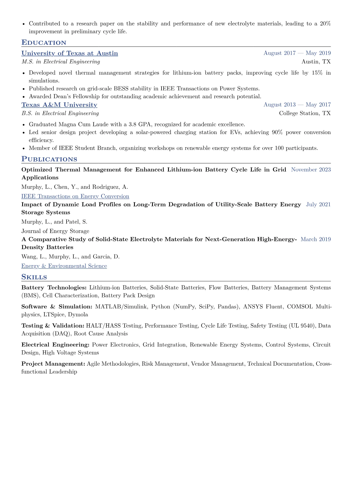 Energy Storage Engineer Resume Example CV template - Page 2