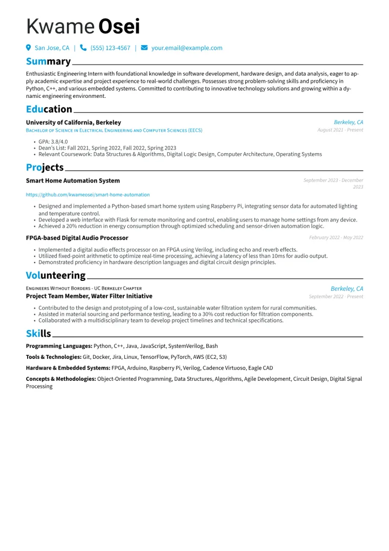 Engineering Intern Resume Example CV template preview